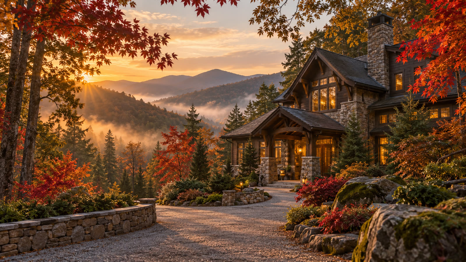 Warm autumn foliage framing a woodland inn